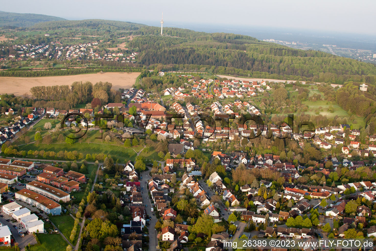 District Hohenwettersbach in Karlsruhe in the state Baden-Wuerttemberg, Germany viewn from the air
