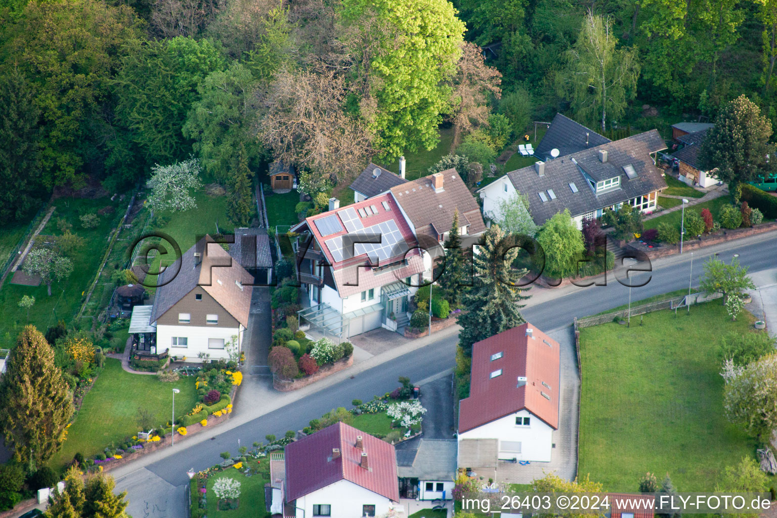 District Grünwettersbach in Karlsruhe in the state Baden-Wuerttemberg, Germany seen from a drone