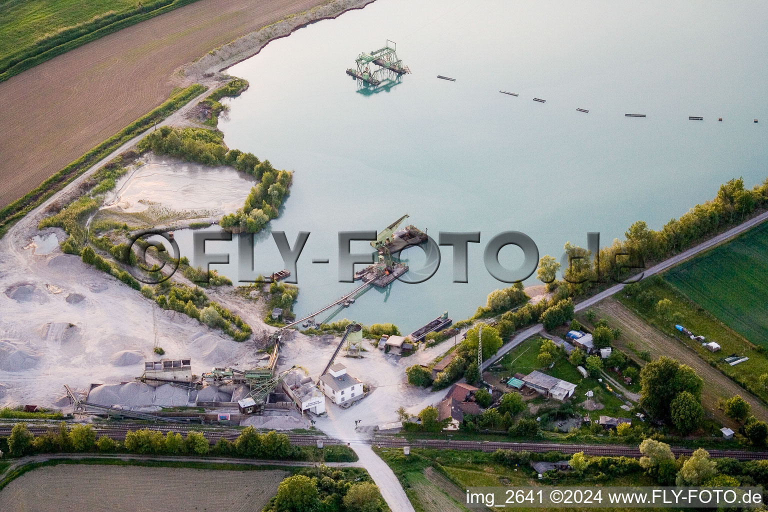 Aerial view of Quarry lake in the district Neuburg in Neuburg am Rhein in the state Rhineland-Palatinate, Germany