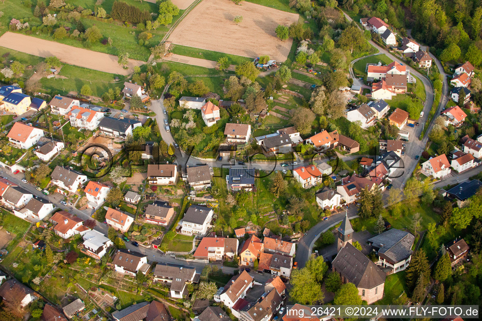 District Grünwettersbach in Karlsruhe in the state Baden-Wuerttemberg, Germany seen from a drone