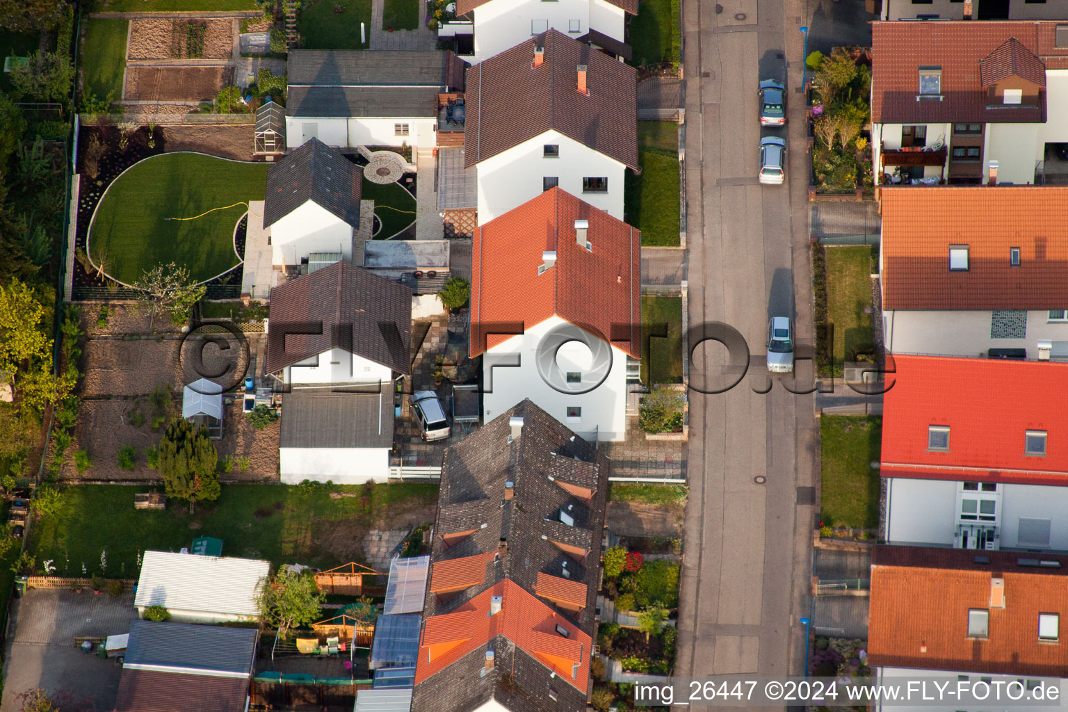 Home gardens on Rosenstr in the district Reichenbach in Waldbronn in the state Baden-Wuerttemberg, Germany