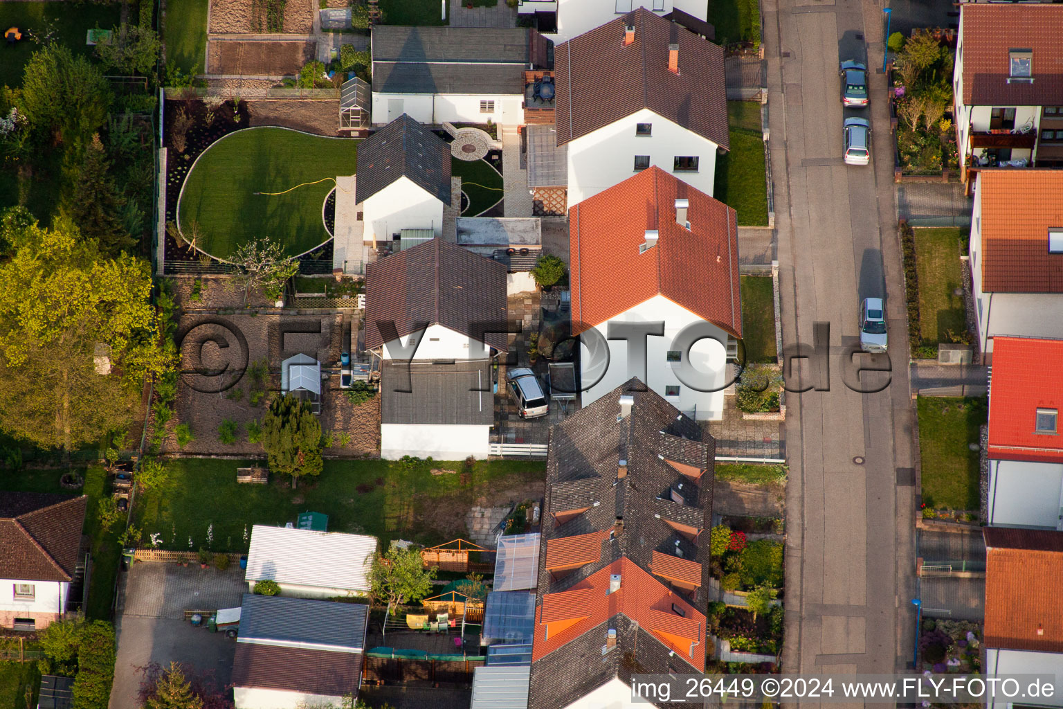 Aerial view of Home gardens in Rosenstr in the district Reichenbach in Waldbronn in the state Baden-Wuerttemberg, Germany