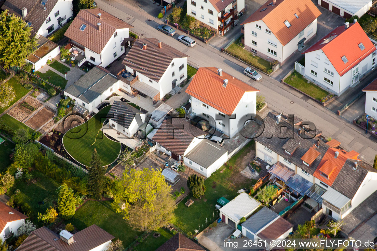 Aerial photograpy of Home gardens in Rosenstr in the district Reichenbach in Waldbronn in the state Baden-Wuerttemberg, Germany