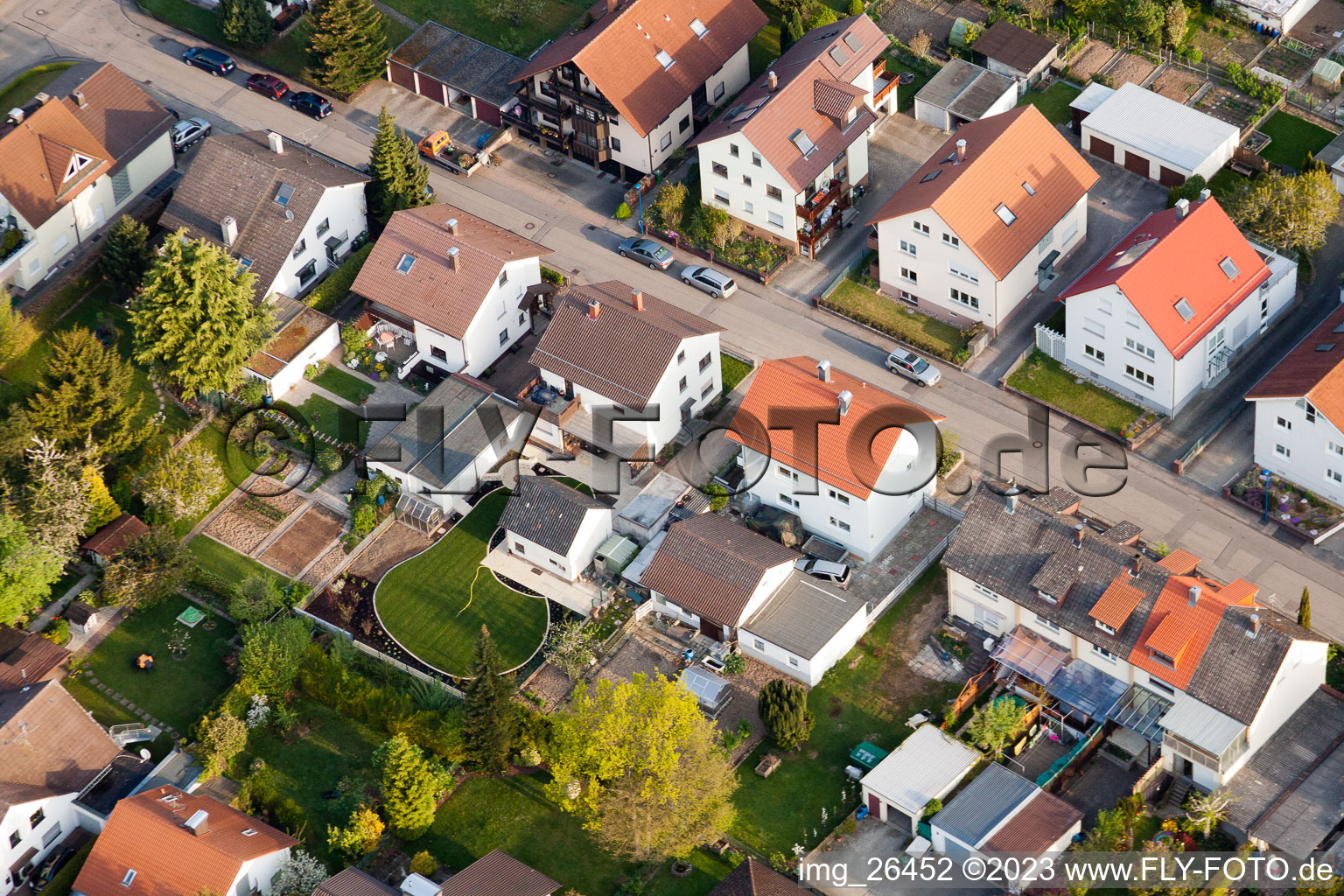 Oblique view of Home gardens on Rosenstr in the district Reichenbach in Waldbronn in the state Baden-Wuerttemberg, Germany