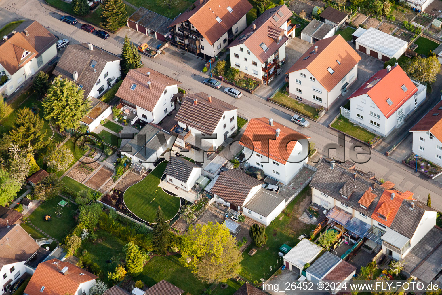 Oblique view of Home gardens in Rosenstr in the district Reichenbach in Waldbronn in the state Baden-Wuerttemberg, Germany