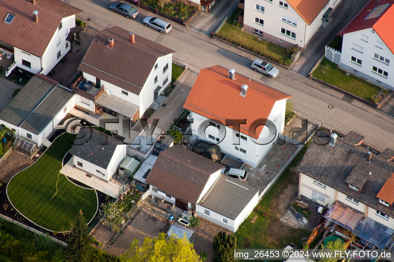 Home gardens in Rosenstr in the district Reichenbach in Waldbronn in the state Baden-Wuerttemberg, Germany from above