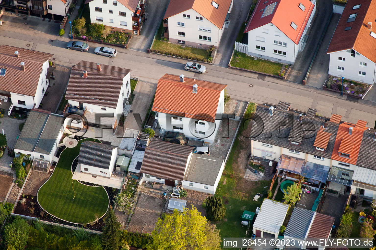 Home gardens on Rosenstr in the district Reichenbach in Waldbronn in the state Baden-Wuerttemberg, Germany out of the air