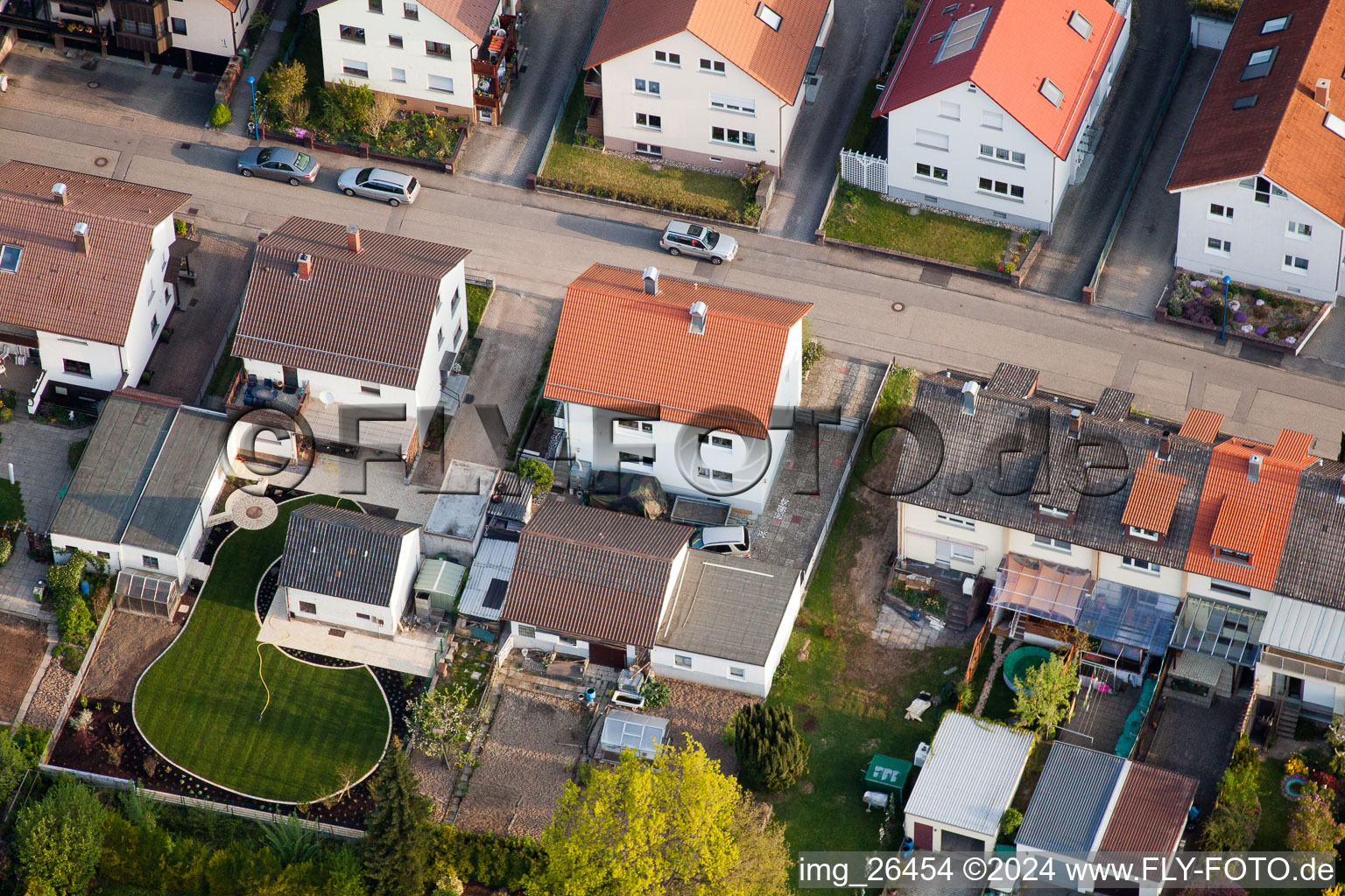 Home gardens in Rosenstr in the district Reichenbach in Waldbronn in the state Baden-Wuerttemberg, Germany out of the air