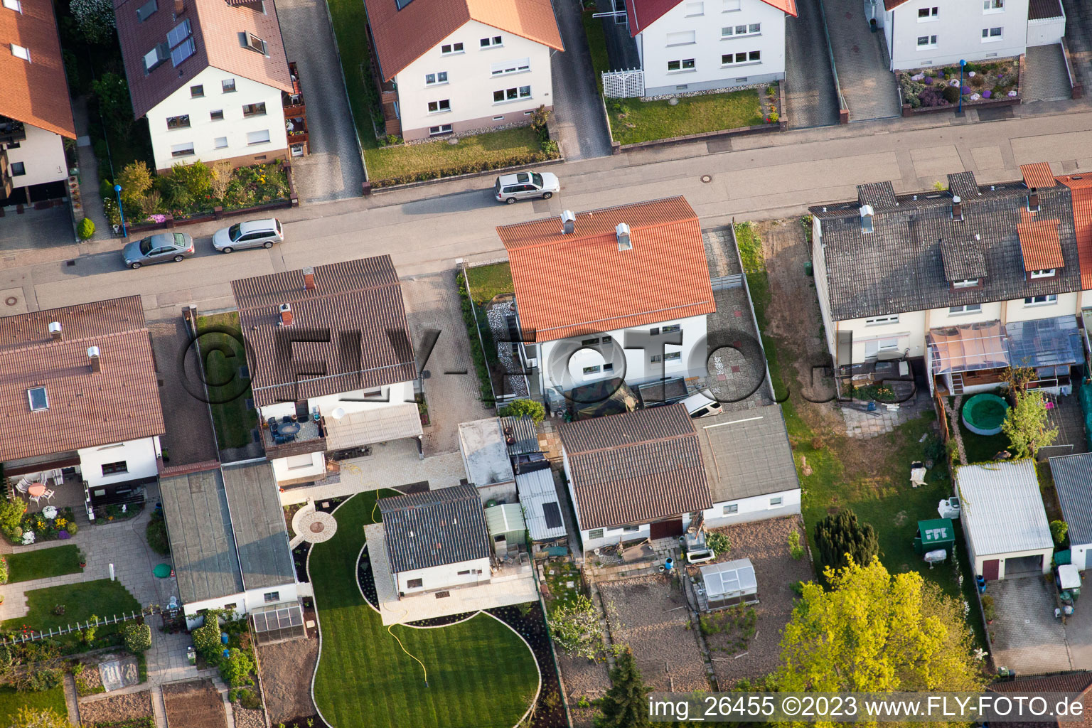 Home gardens on Rosenstr in the district Reichenbach in Waldbronn in the state Baden-Wuerttemberg, Germany seen from above