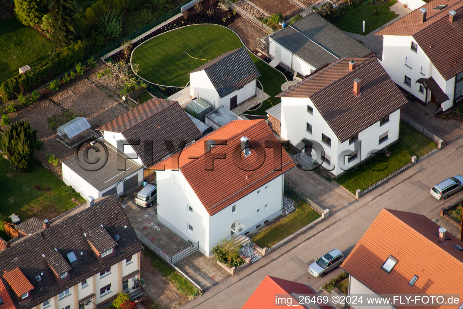 Home gardens in Rosenstr in the district Reichenbach in Waldbronn in the state Baden-Wuerttemberg, Germany from the plane