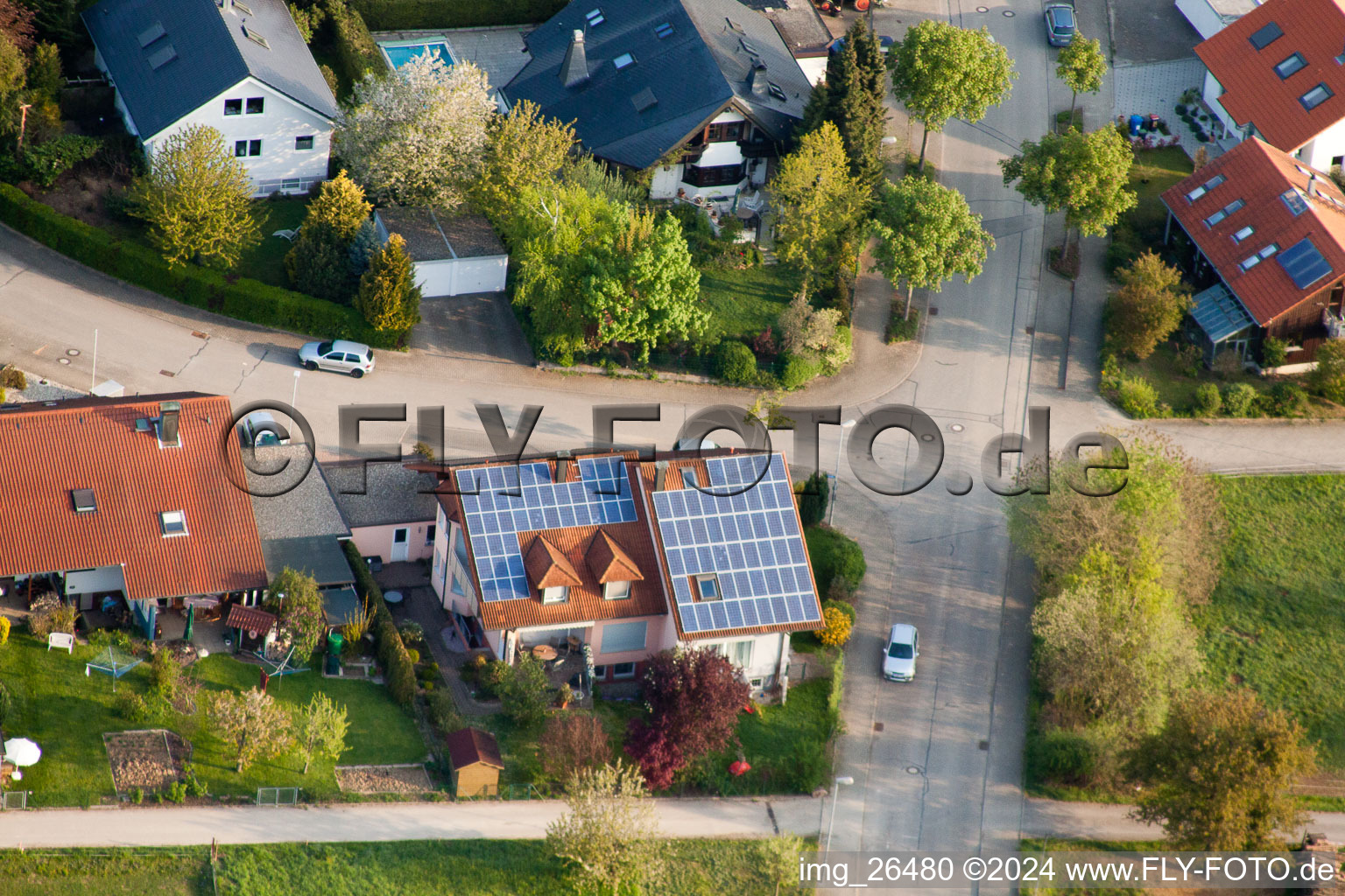 District Stupferich in Karlsruhe in the state Baden-Wuerttemberg, Germany from the plane