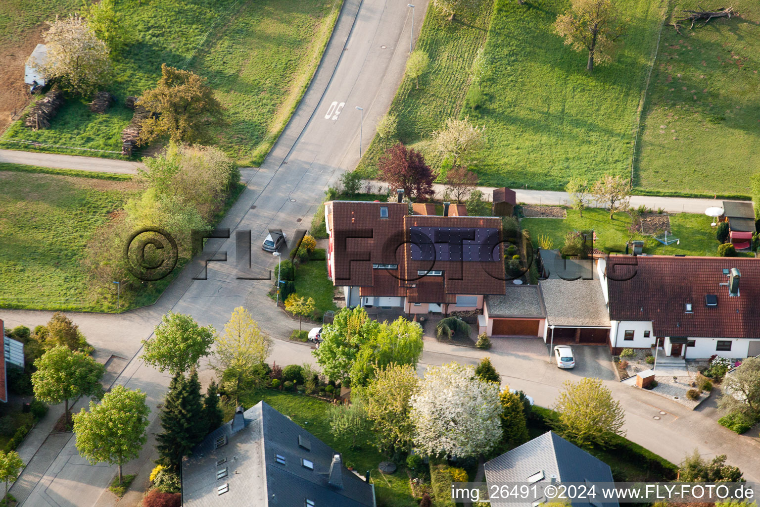 District Stupferich in Karlsruhe in the state Baden-Wuerttemberg, Germany seen from a drone