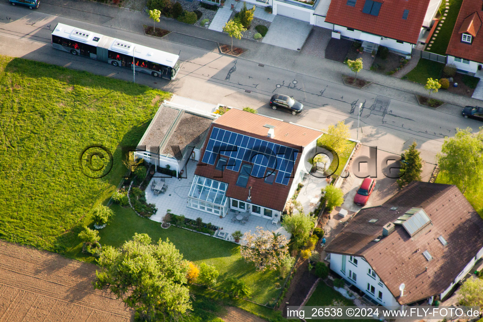 District Stupferich in Karlsruhe in the state Baden-Wuerttemberg, Germany seen from a drone