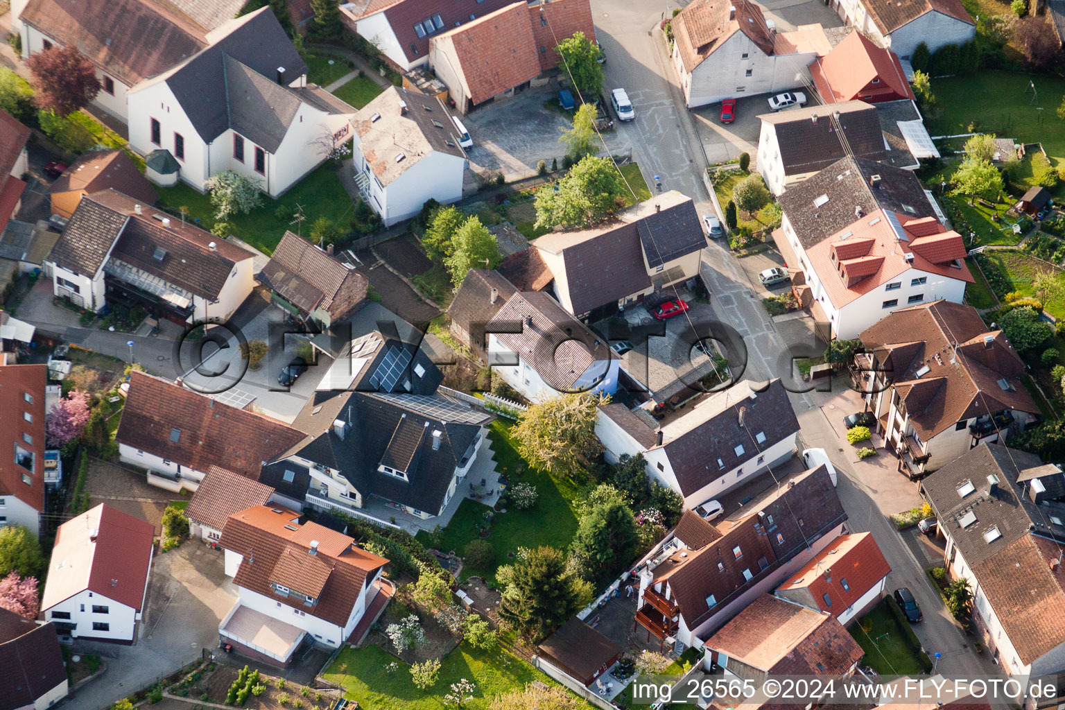 District Stupferich in Karlsruhe in the state Baden-Wuerttemberg, Germany viewn from the air