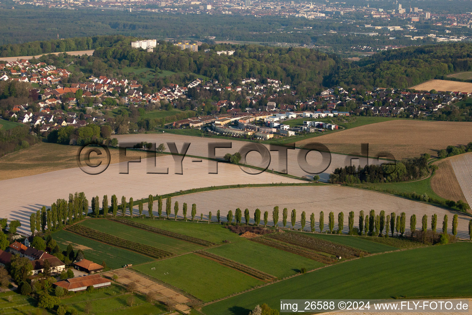 Drone recording of District Hohenwettersbach in Karlsruhe in the state Baden-Wuerttemberg, Germany