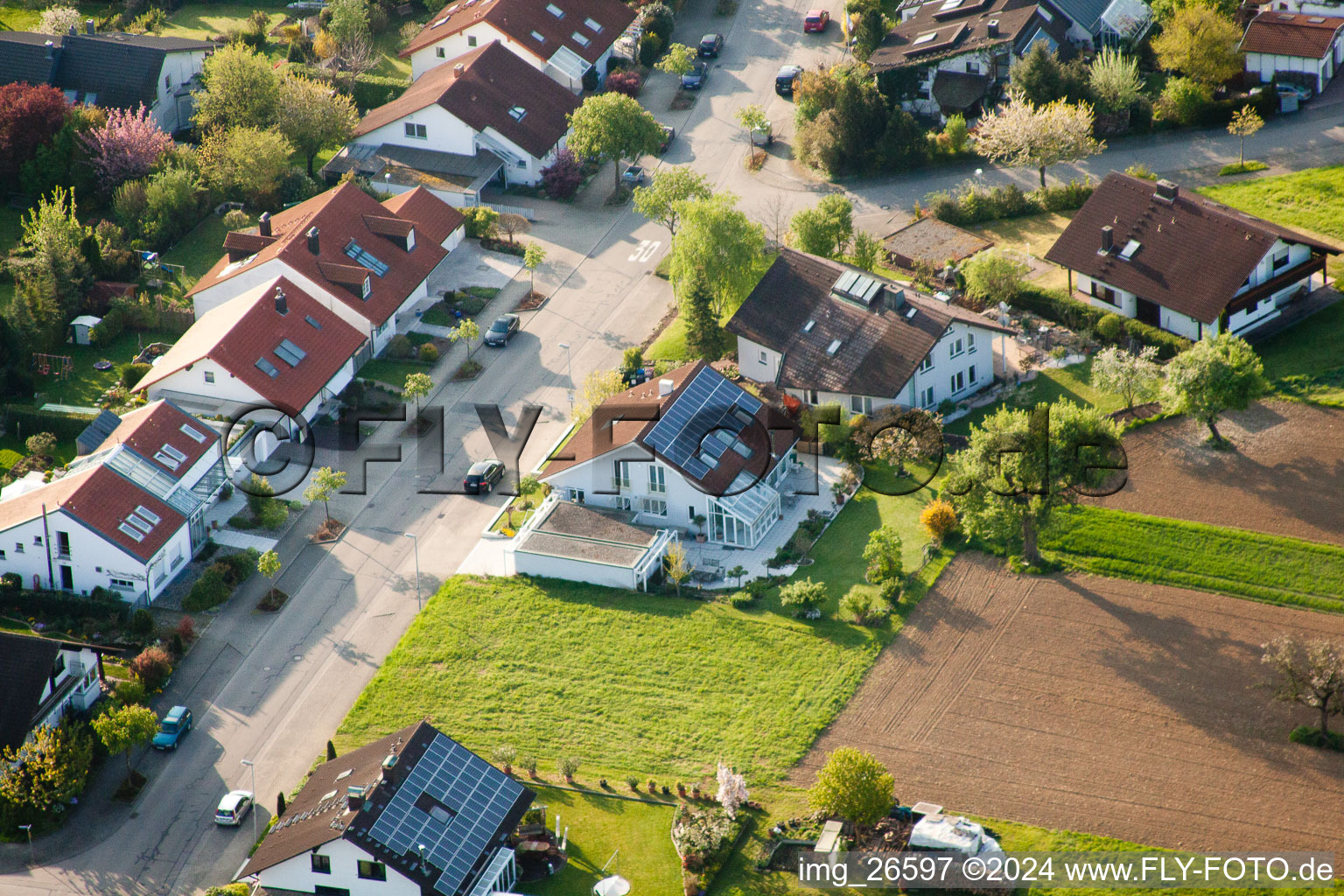 District Stupferich in Karlsruhe in the state Baden-Wuerttemberg, Germany from the plane