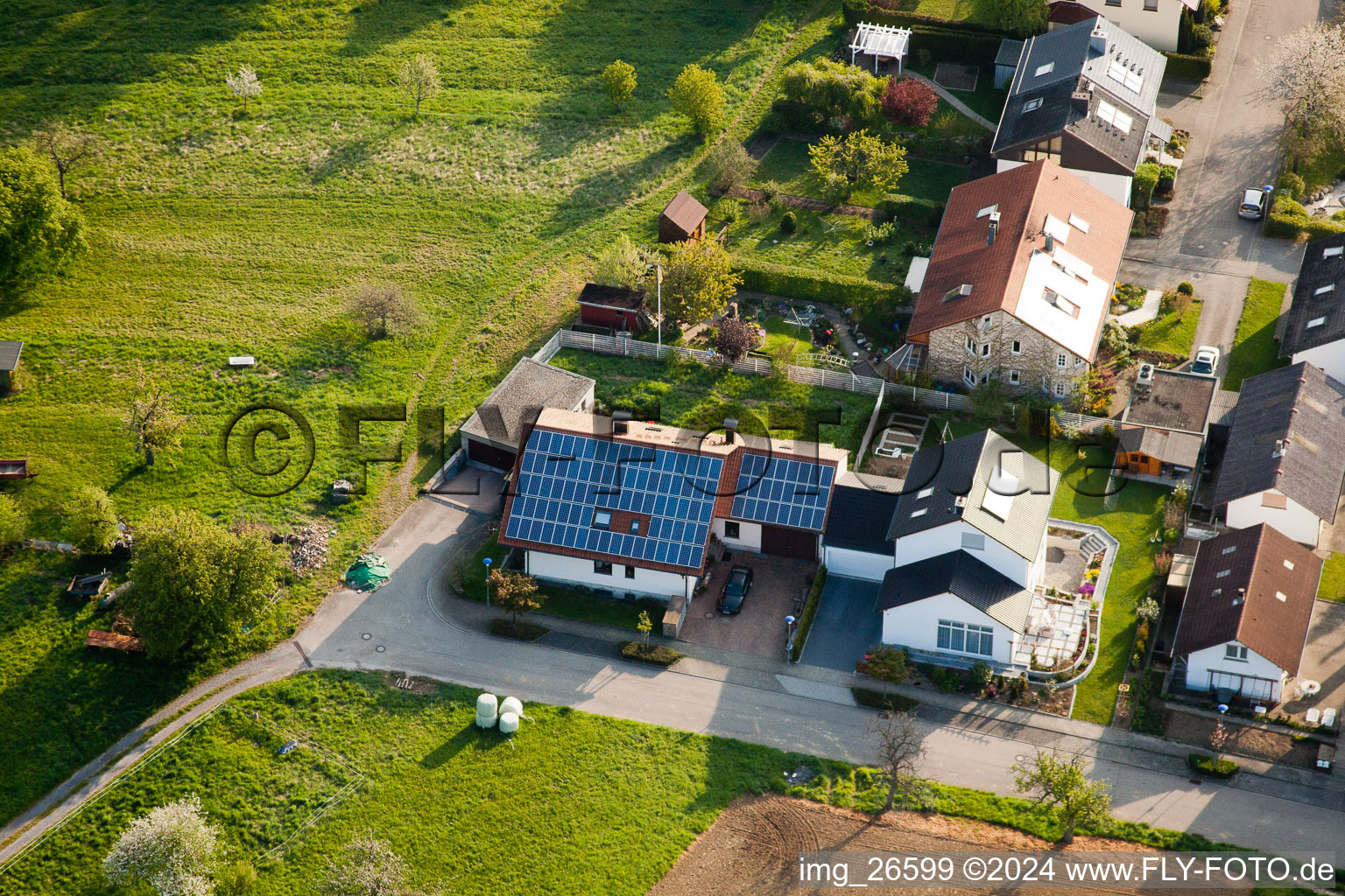 District Stupferich in Karlsruhe in the state Baden-Wuerttemberg, Germany viewn from the air