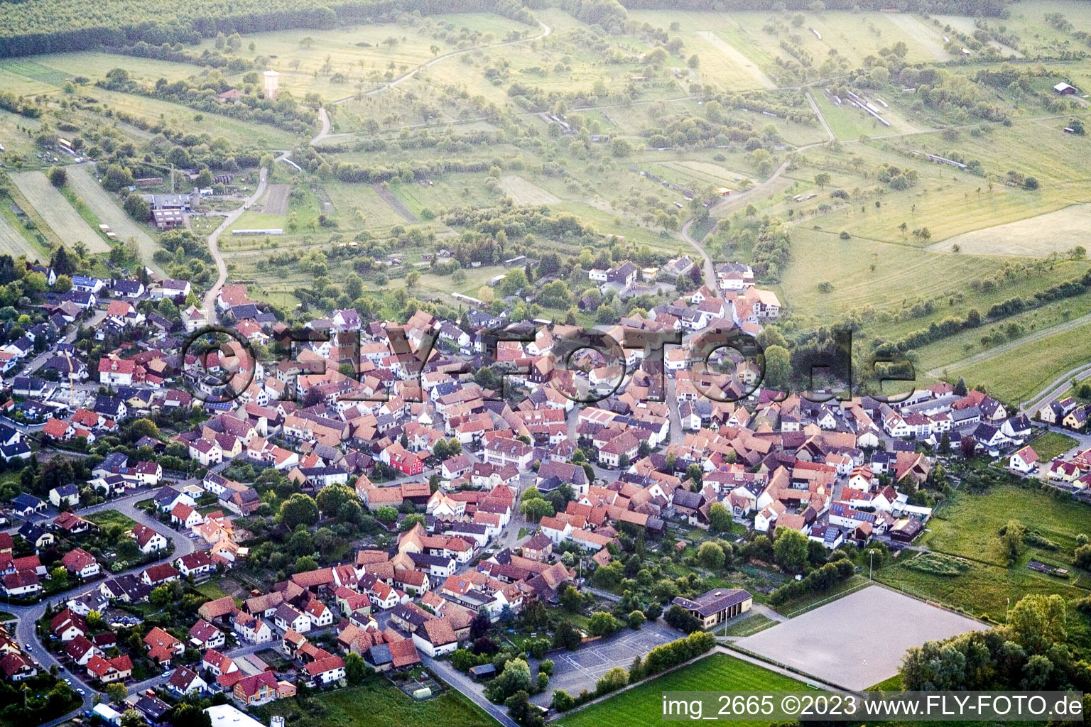 Aerial view of From the southeast in the district Büchelberg in Wörth am Rhein in the state Rhineland-Palatinate, Germany