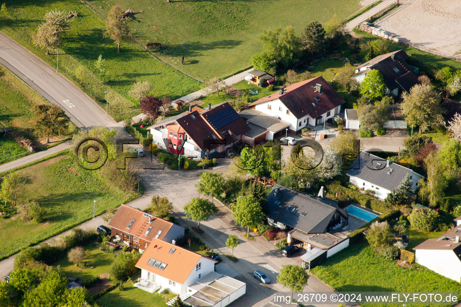 District Stupferich in Karlsruhe in the state Baden-Wuerttemberg, Germany seen from a drone