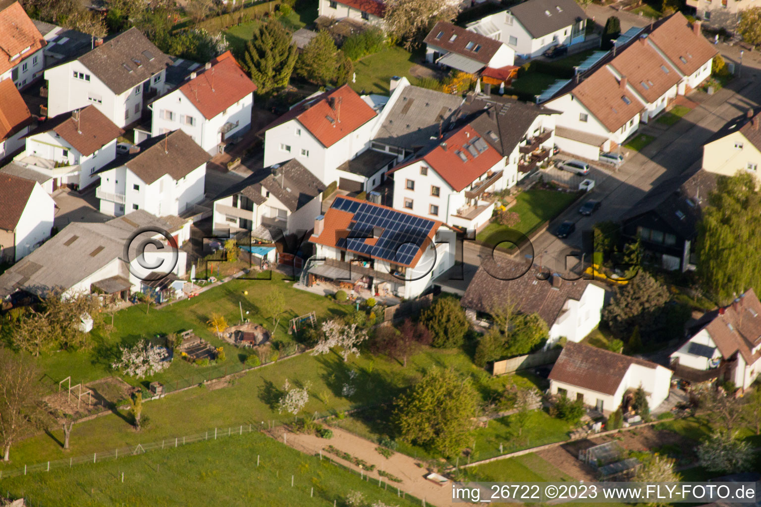District Stupferich in Karlsruhe in the state Baden-Wuerttemberg, Germany viewn from the air
