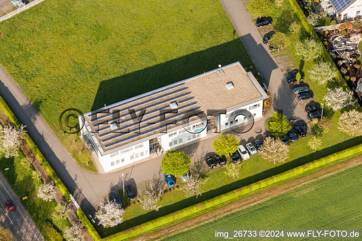 Aerial view of Office building of LEITWERK AG in Stupferich in the state Baden-Wurttemberg, Germany