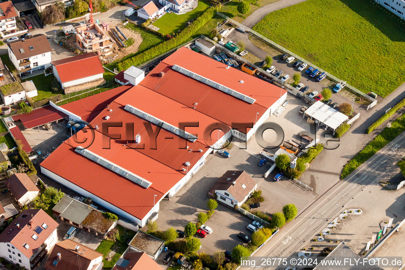 Aerial photograpy of Building and production halls on the premises of Vogelsitze GmbH in Stupferich in the state Baden-Wurttemberg, Germany