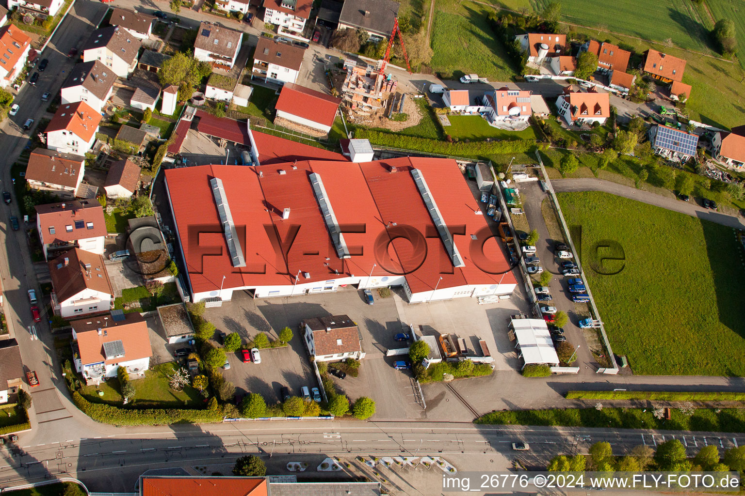 Aerial view of Schneider Roof + Timber Construction GmbH in the district Stupferich in Karlsruhe in the state Baden-Wuerttemberg, Germany