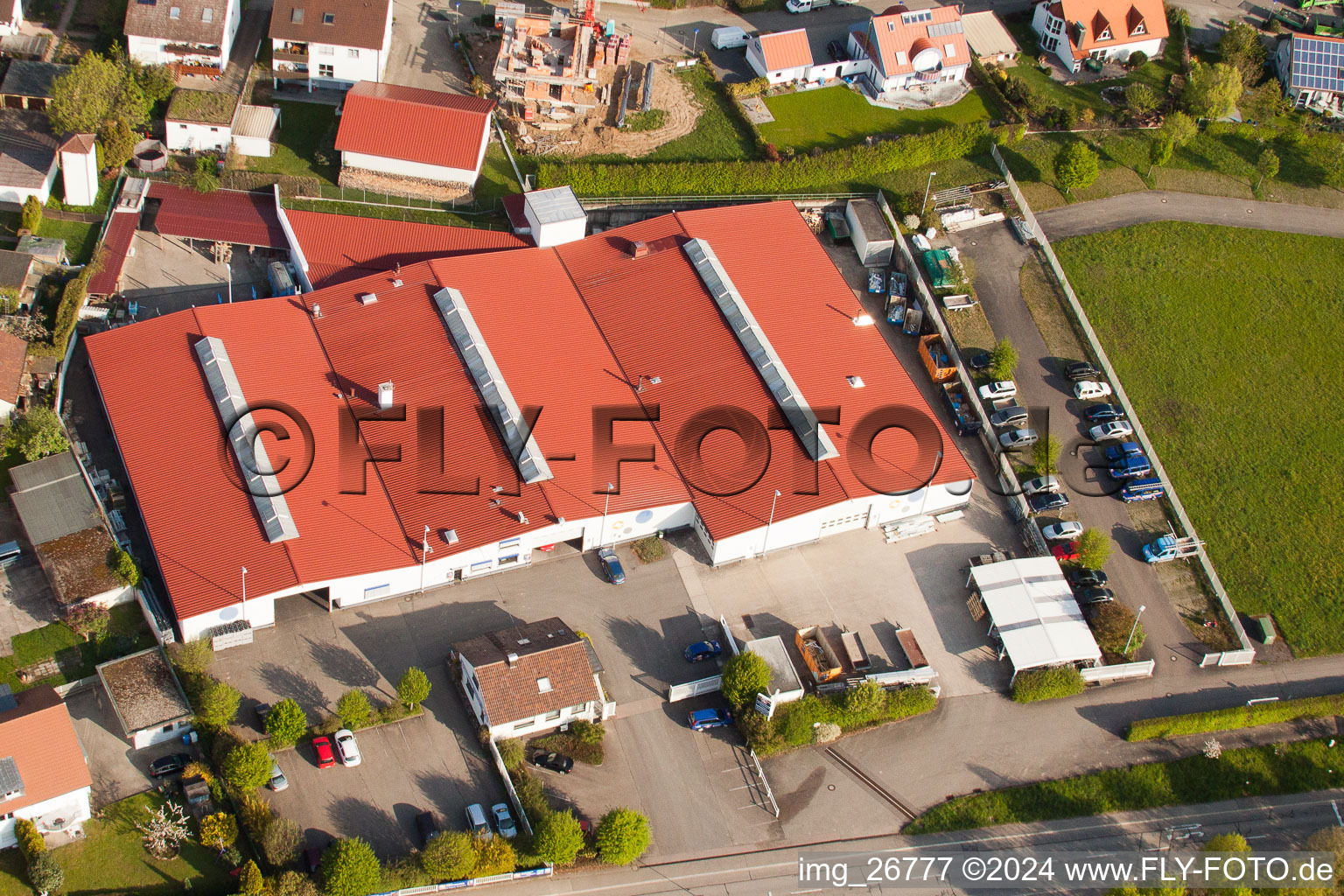 Aerial photograpy of Schneider Roof + Timber Construction GmbH in the district Stupferich in Karlsruhe in the state Baden-Wuerttemberg, Germany