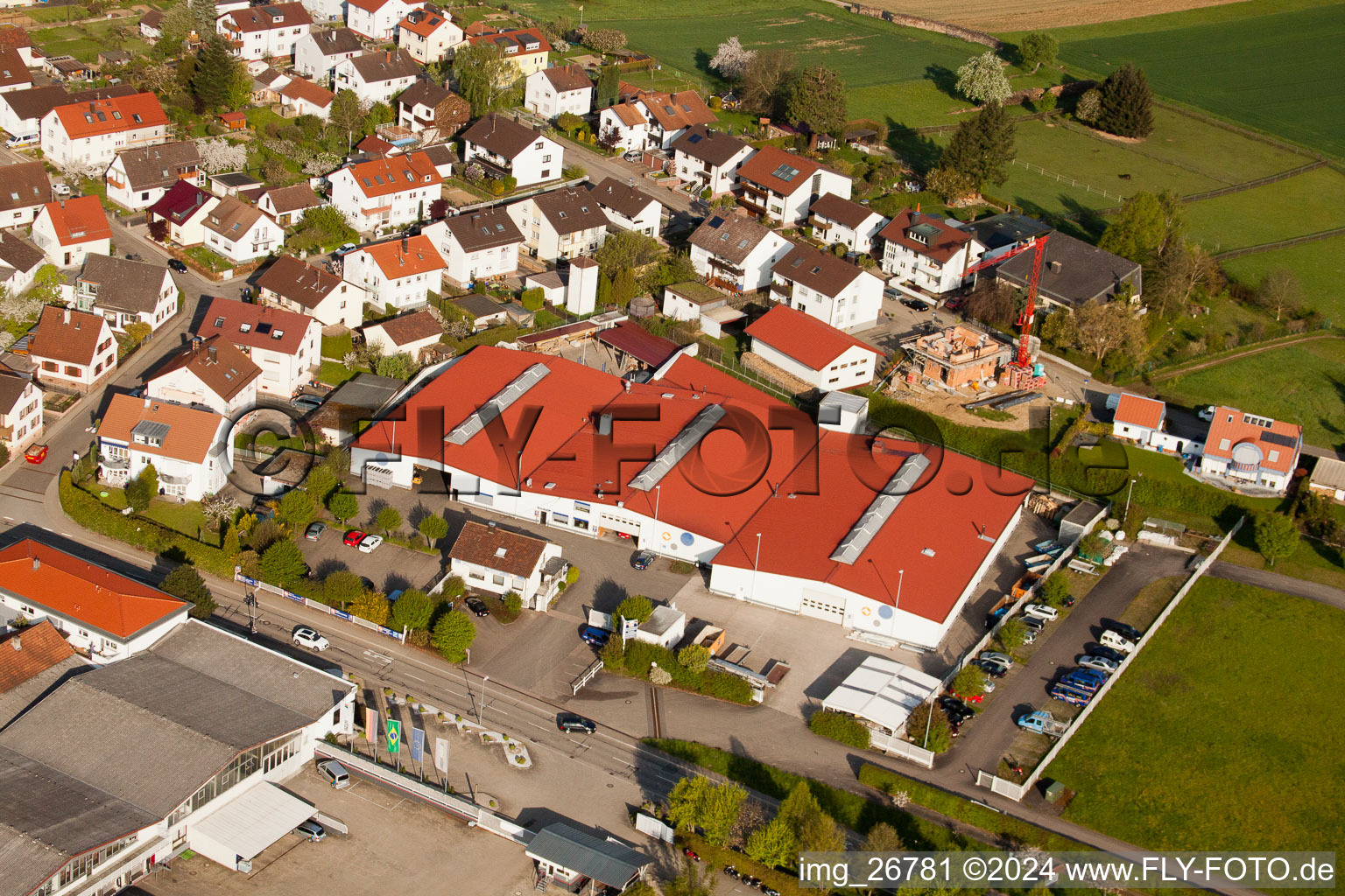 Oblique view of Schneider Roof + Timber Construction GmbH in the district Stupferich in Karlsruhe in the state Baden-Wuerttemberg, Germany