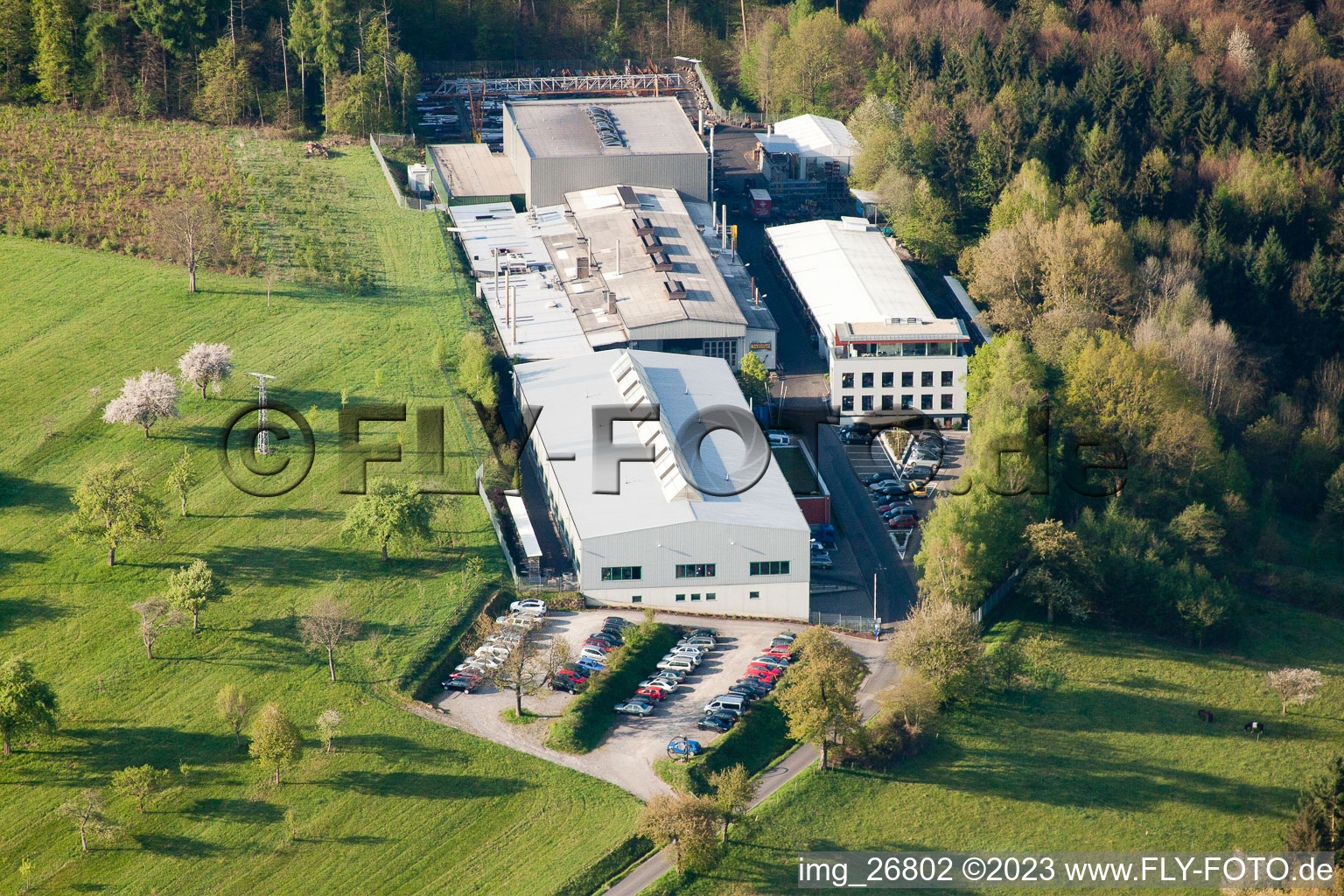 Aerial view of Rosswag Engineering from the north in the district Kleinsteinbach in Pfinztal in the state Baden-Wuerttemberg, Germany