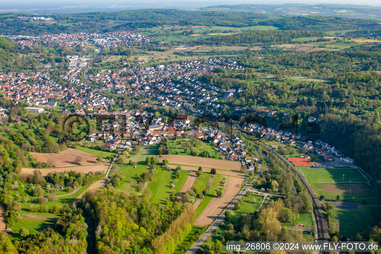 B10 and railway line in the district Söllingen in Pfinztal in the state Baden-Wuerttemberg, Germany