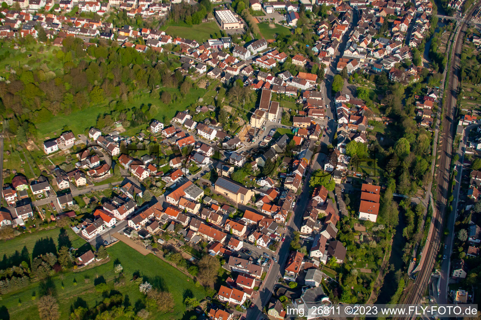 Aerial view of Bühlstrasse St. Pius X in the district Söllingen in Pfinztal in the state Baden-Wuerttemberg, Germany