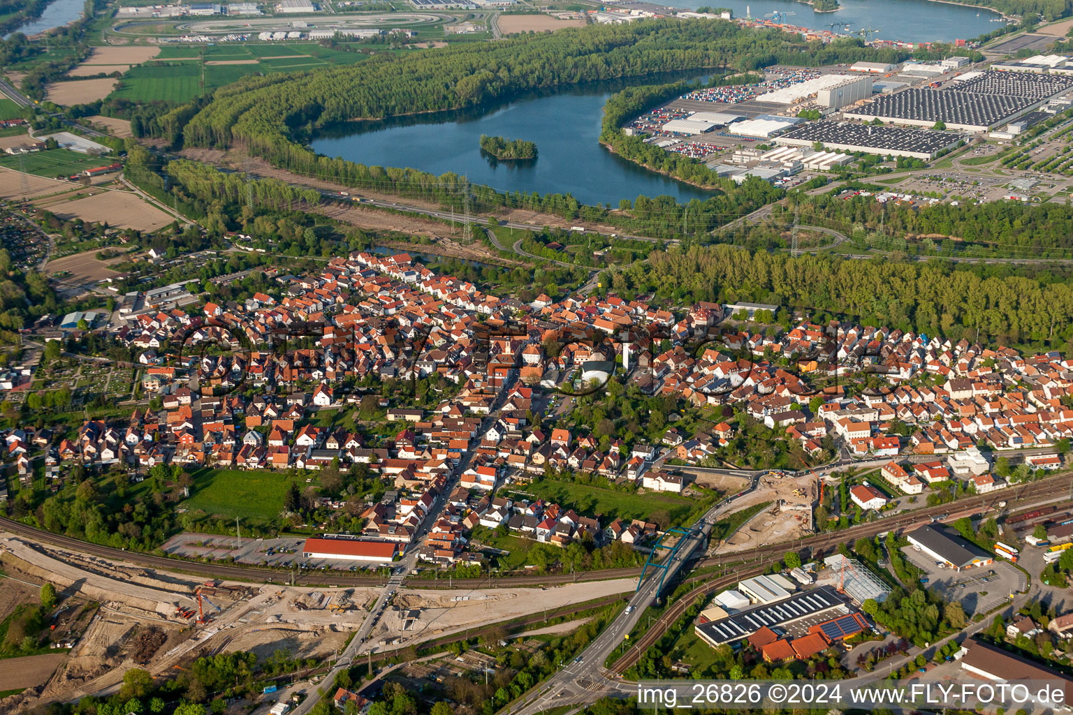 Town View of the streets and houses of the residential areas between railway, state highway and Daimler factory in Woerth am Rhein in the state Rhineland-Palatinate, Germany