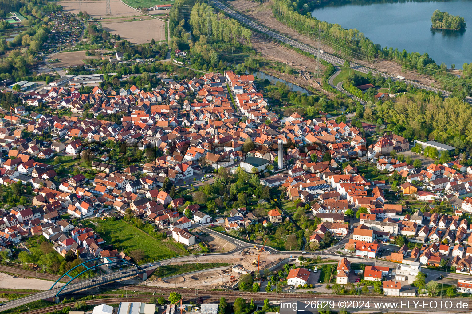 Aerial view of Town View of the streets and houses of the residential areas in Woerth am Rhein in the state Rhineland-Palatinate, Germany