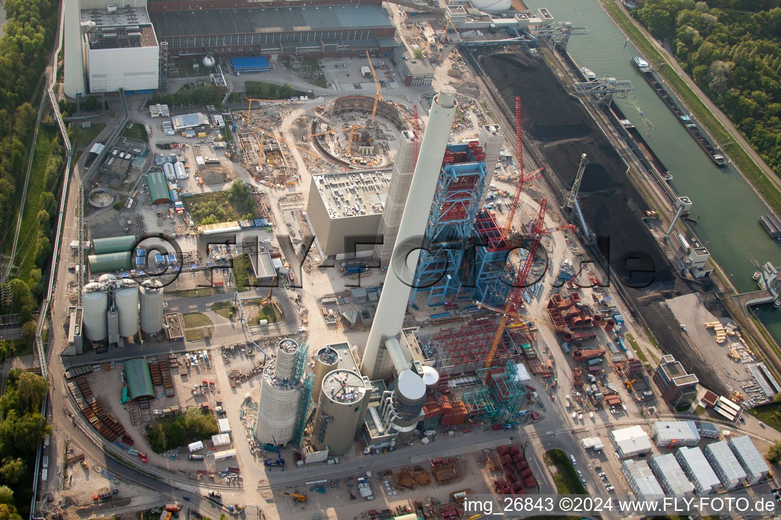 Bird's eye view of EnBW new coal-fired power plant on the Rhine in the district Rheinhafen in Karlsruhe in the state Baden-Wuerttemberg, Germany