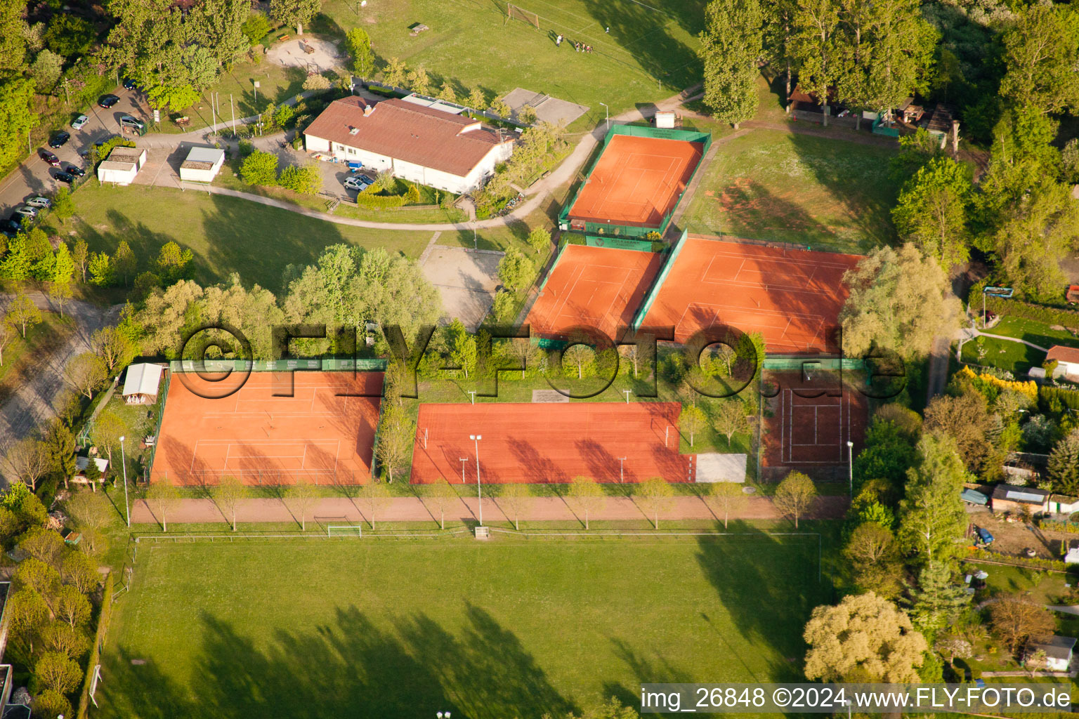 Aerial photograpy of Sports facilities Tennis club in the district Daxlanden in Karlsruhe in the state Baden-Wuerttemberg, Germany