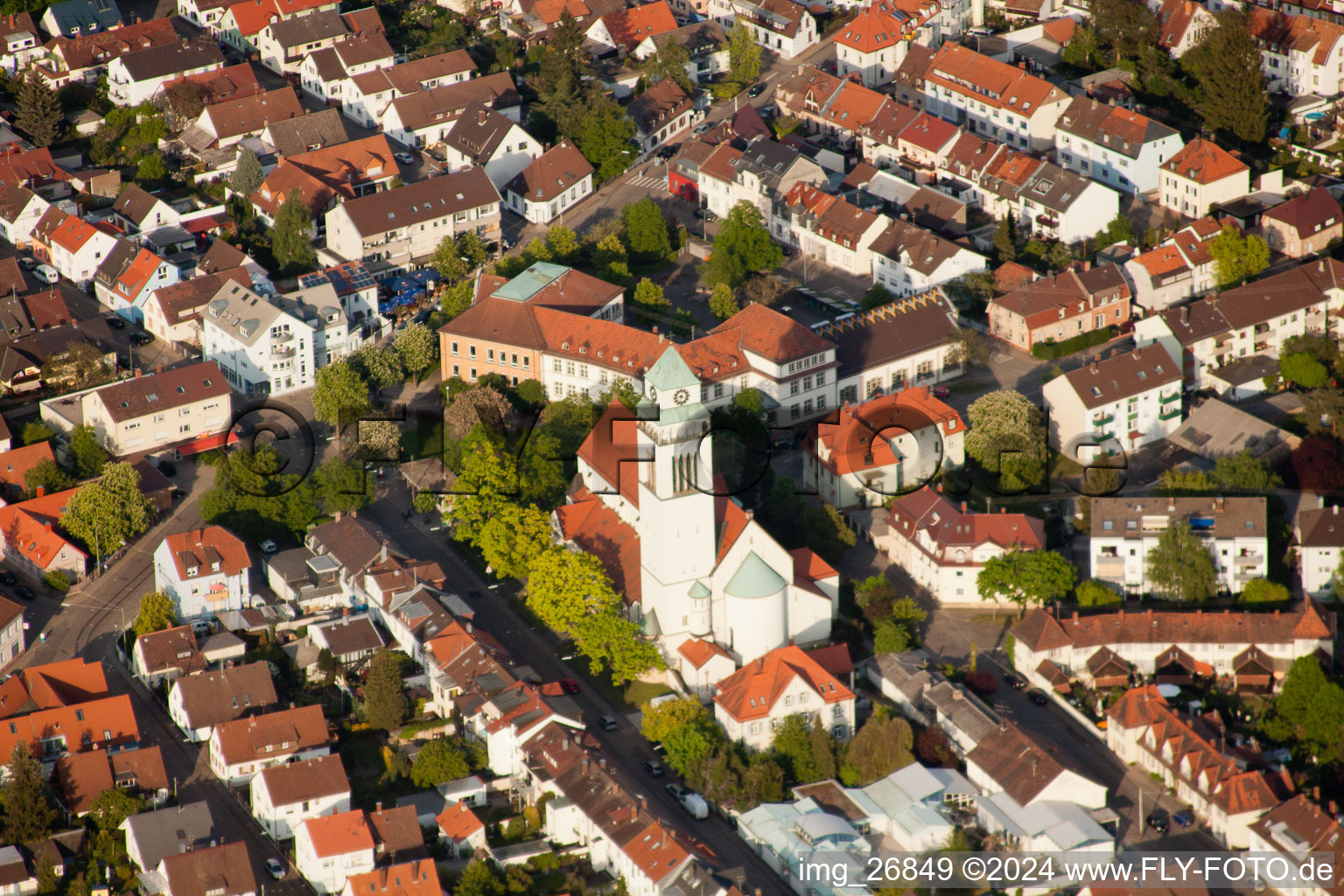 Holy Spirit Church in the district Daxlanden in Karlsruhe in the state Baden-Wuerttemberg, Germany from above