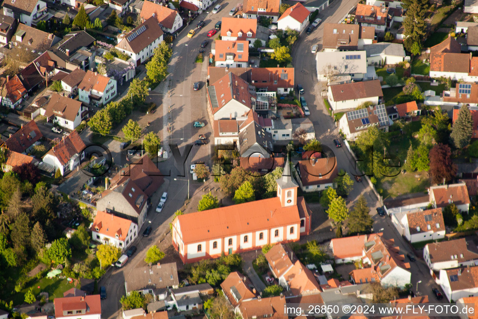 Oblique view of St. Valentine in the district Daxlanden in Karlsruhe in the state Baden-Wuerttemberg, Germany