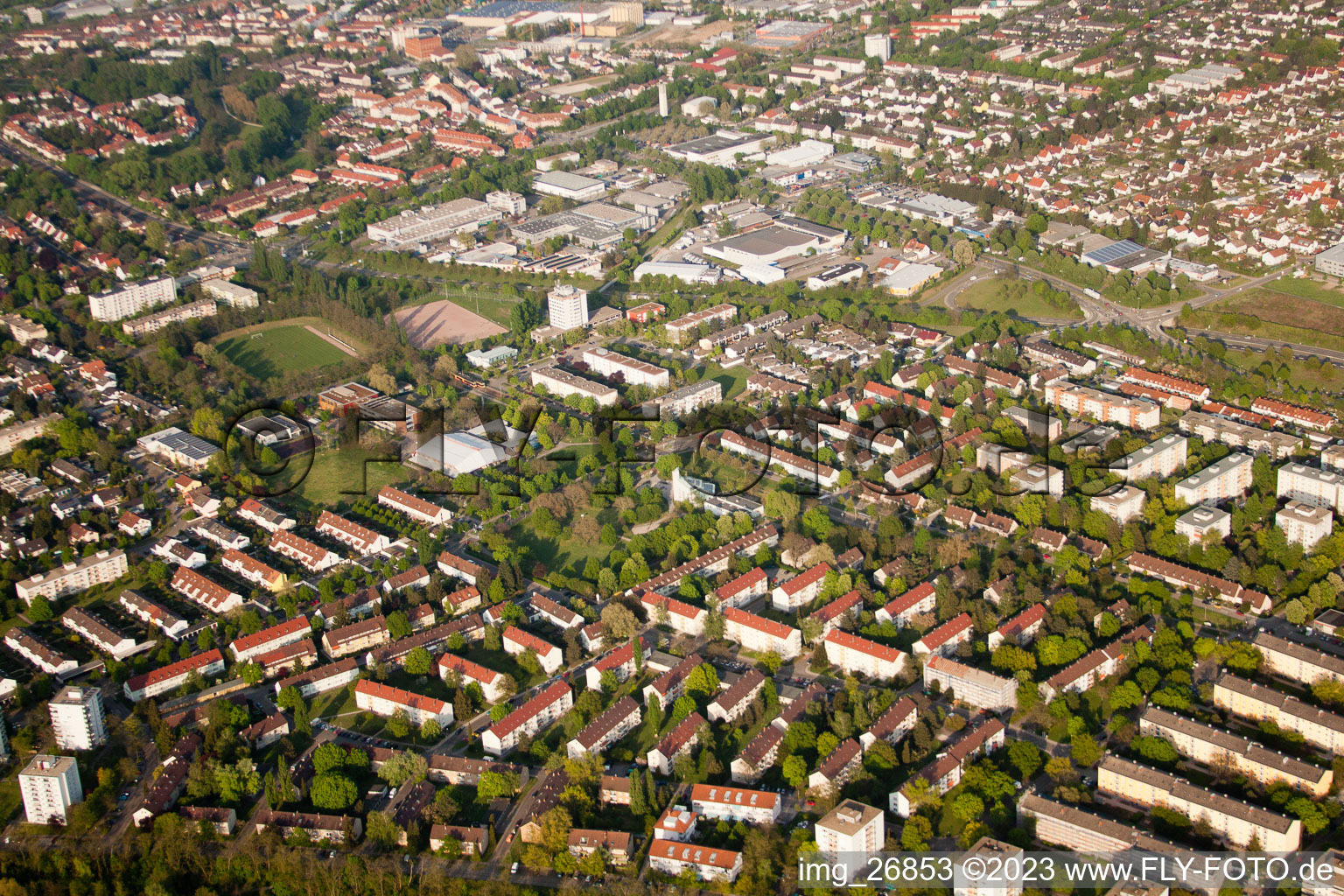 Bird's eye view of District Daxlanden in Karlsruhe in the state Baden-Wuerttemberg, Germany
