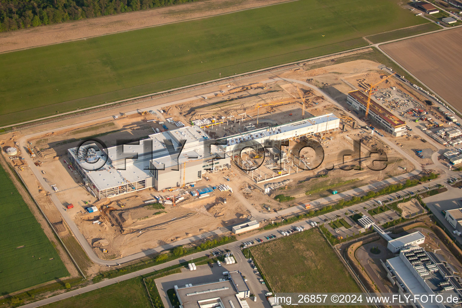 Aerial view of New building of EDEDKA Südwestfleisch at the gliding airfield in the district Silberstreifen in Rheinstetten in the state Baden-Wuerttemberg, Germany