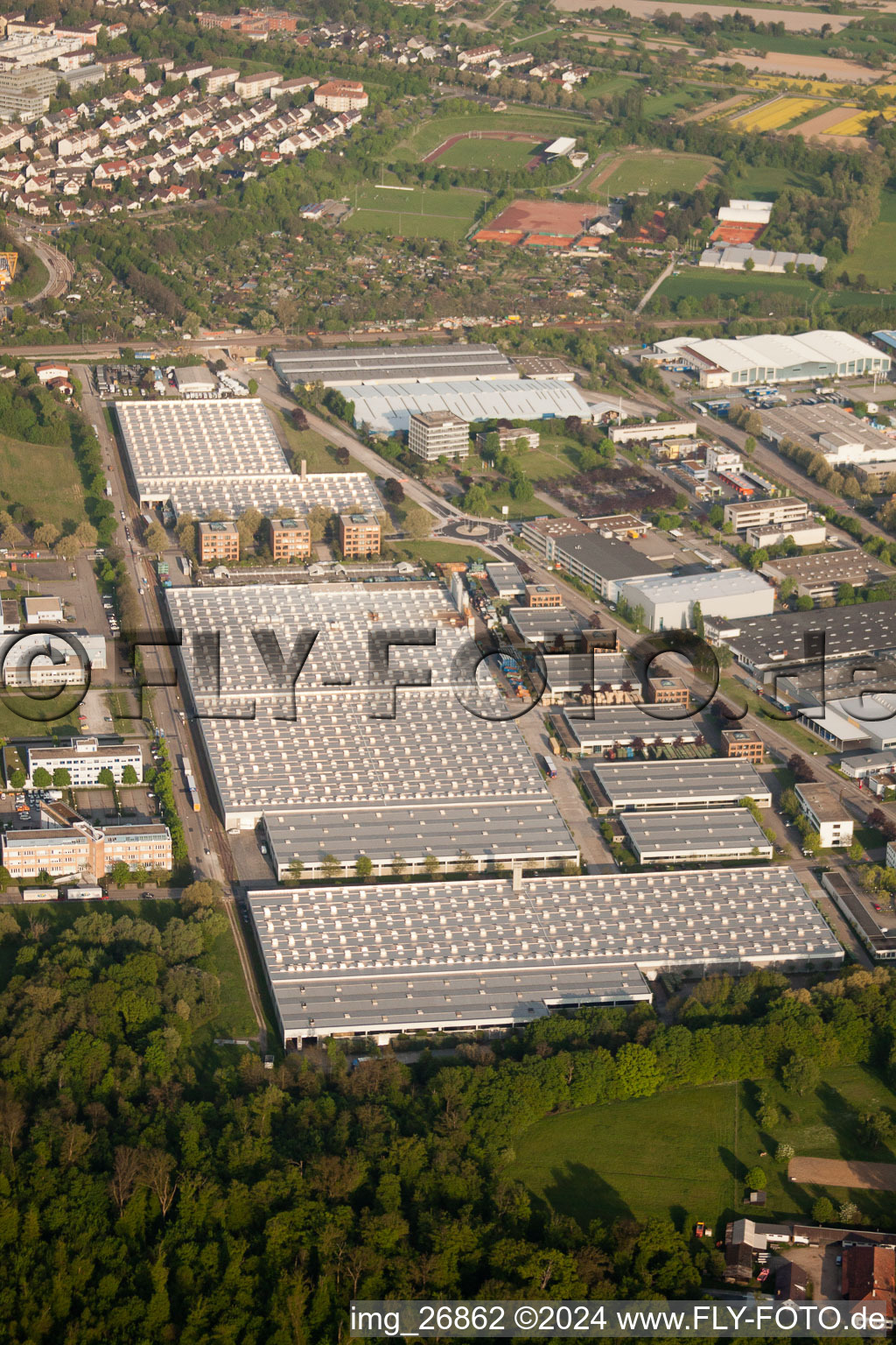 Aerial view of Daimler parts warehouse, Mercedes glass warehouse in Ettlingen in the state Baden-Wuerttemberg, Germany