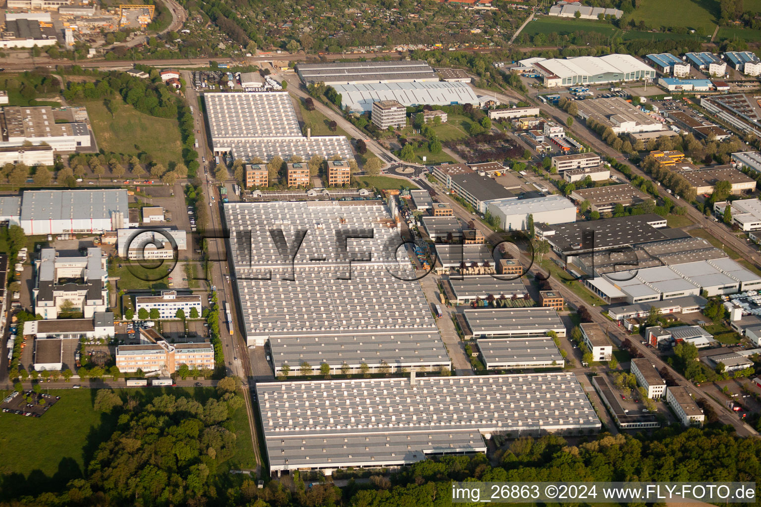 Aerial photograpy of Daimler parts warehouse, Mercedes glass warehouse in Ettlingen in the state Baden-Wuerttemberg, Germany