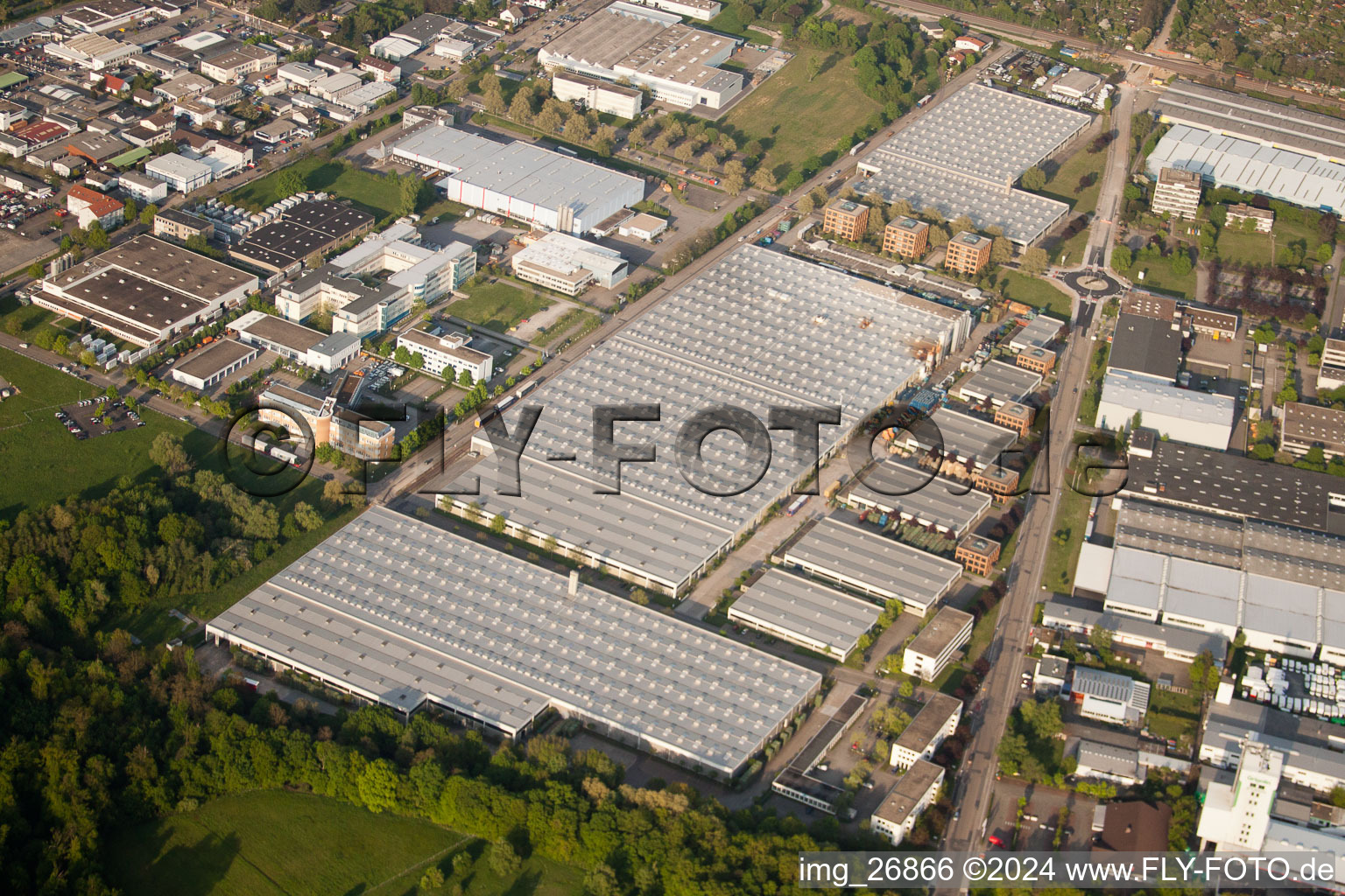 Oblique view of Daimler parts warehouse, Mercedes glass warehouse in Ettlingen in the state Baden-Wuerttemberg, Germany