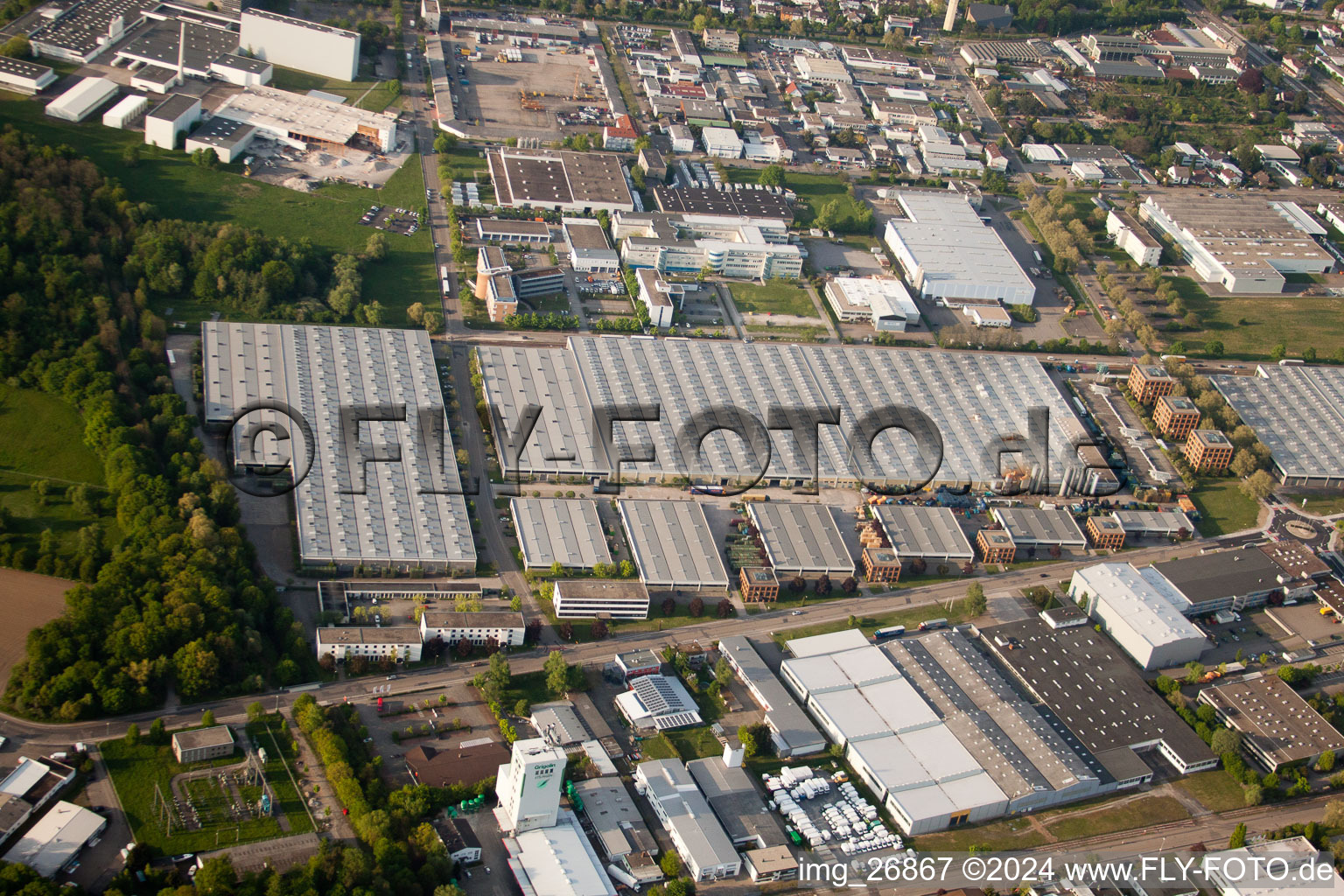 Daimler parts warehouse, Mercedes glass warehouse in Ettlingen in the state Baden-Wuerttemberg, Germany from above