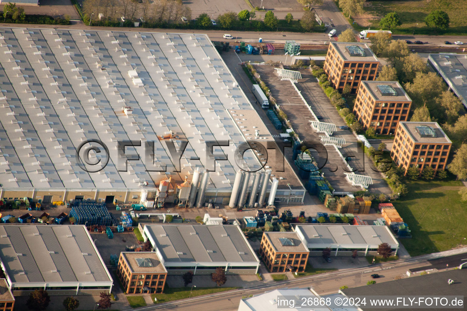 Daimler parts warehouse, Mercedes glass warehouse in Ettlingen in the state Baden-Wuerttemberg, Germany out of the air