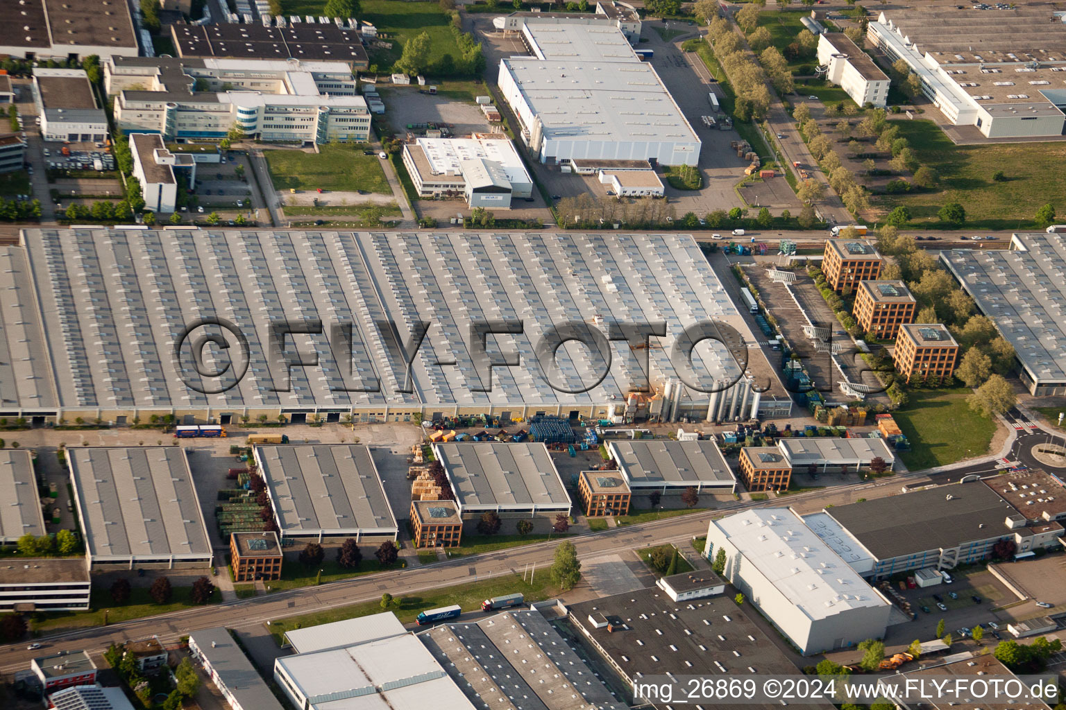 Daimler parts warehouse, Mercedes glass warehouse in Ettlingen in the state Baden-Wuerttemberg, Germany seen from above