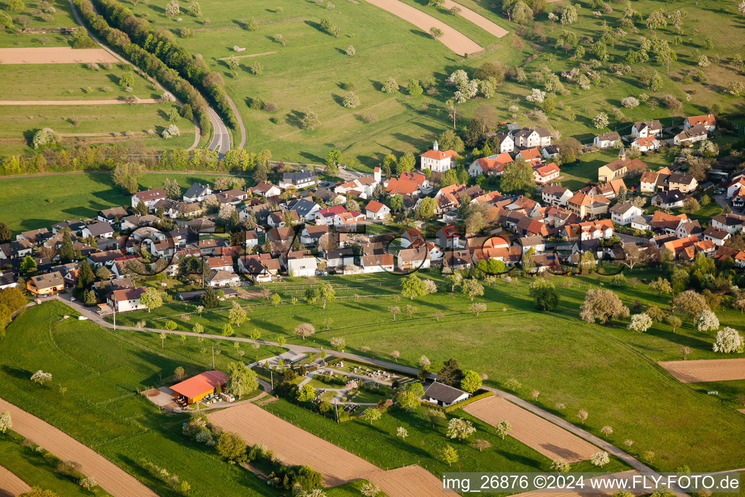 District Schluttenbach in Ettlingen in the state Baden-Wuerttemberg, Germany seen from a drone