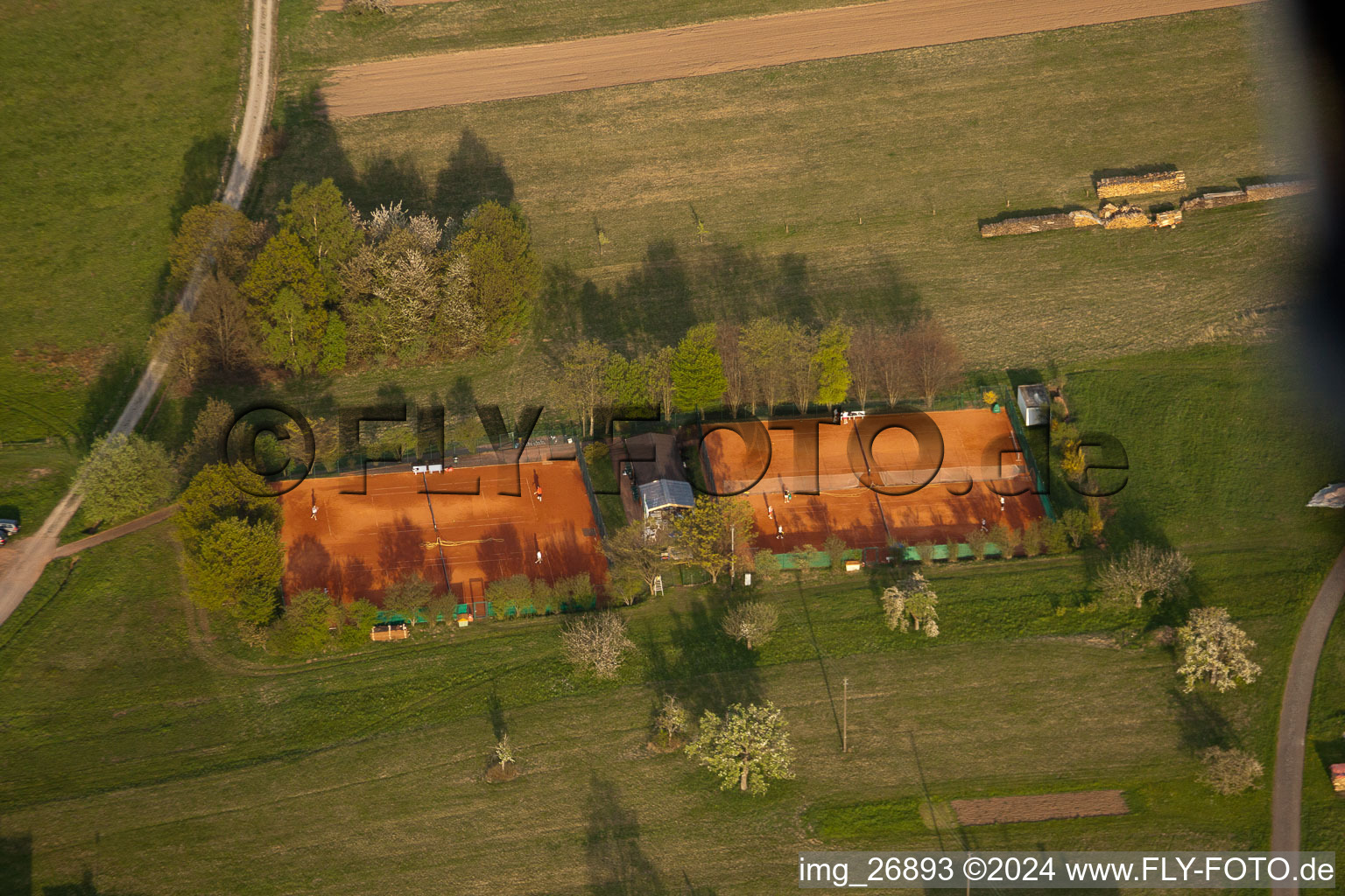 Aerial view of Tennis club in the district Völkersbach in Malsch in the state Baden-Wuerttemberg, Germany