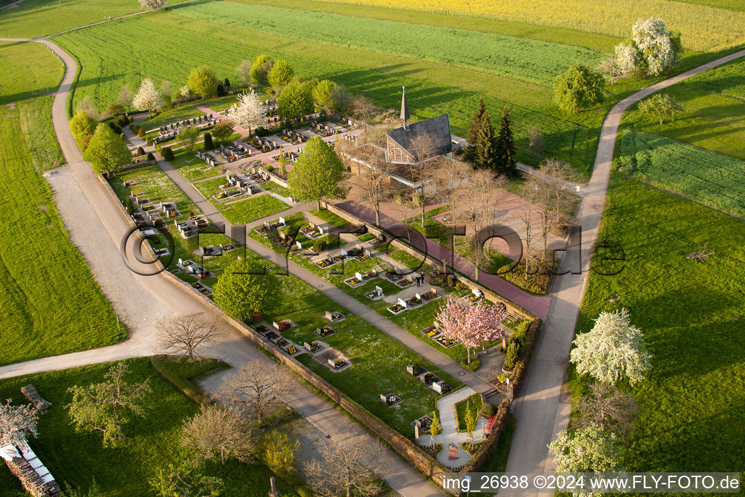 Aerial view of Cemetery in the district Völkersbach in Malsch in the state Baden-Wuerttemberg, Germany