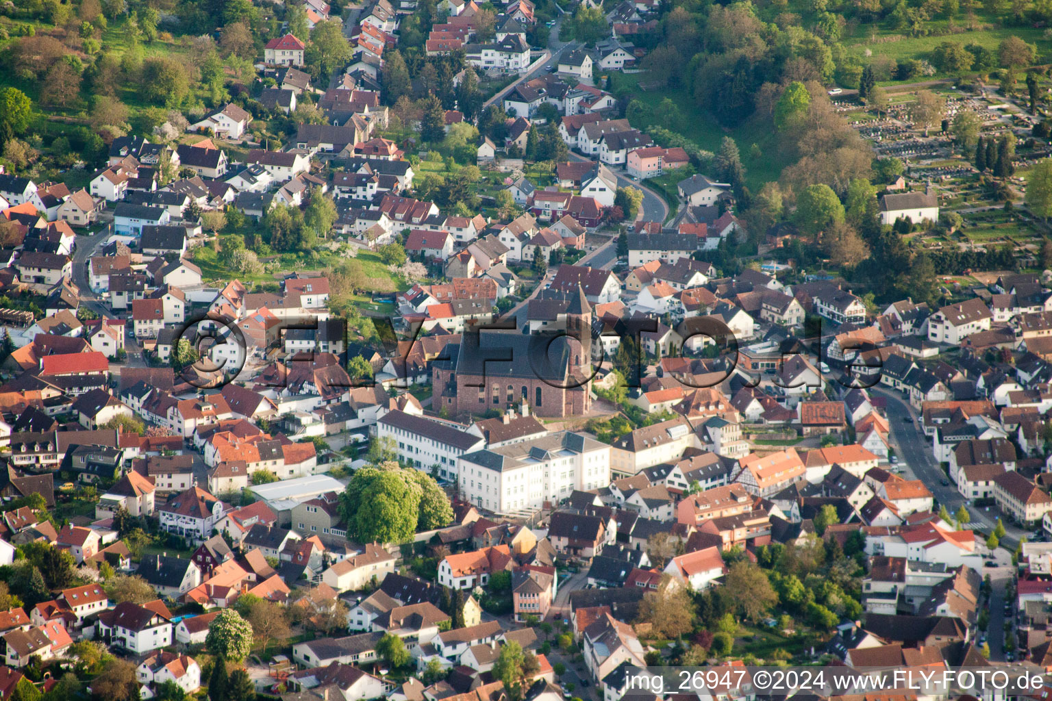 Aerial view of St. Cyriac in Malsch in the state Baden-Wuerttemberg, Germany